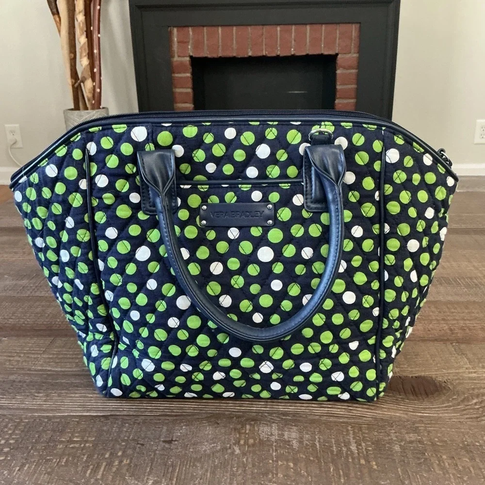 Vera Bradley Large Quilted Tote Bag Navy Green Dot Print